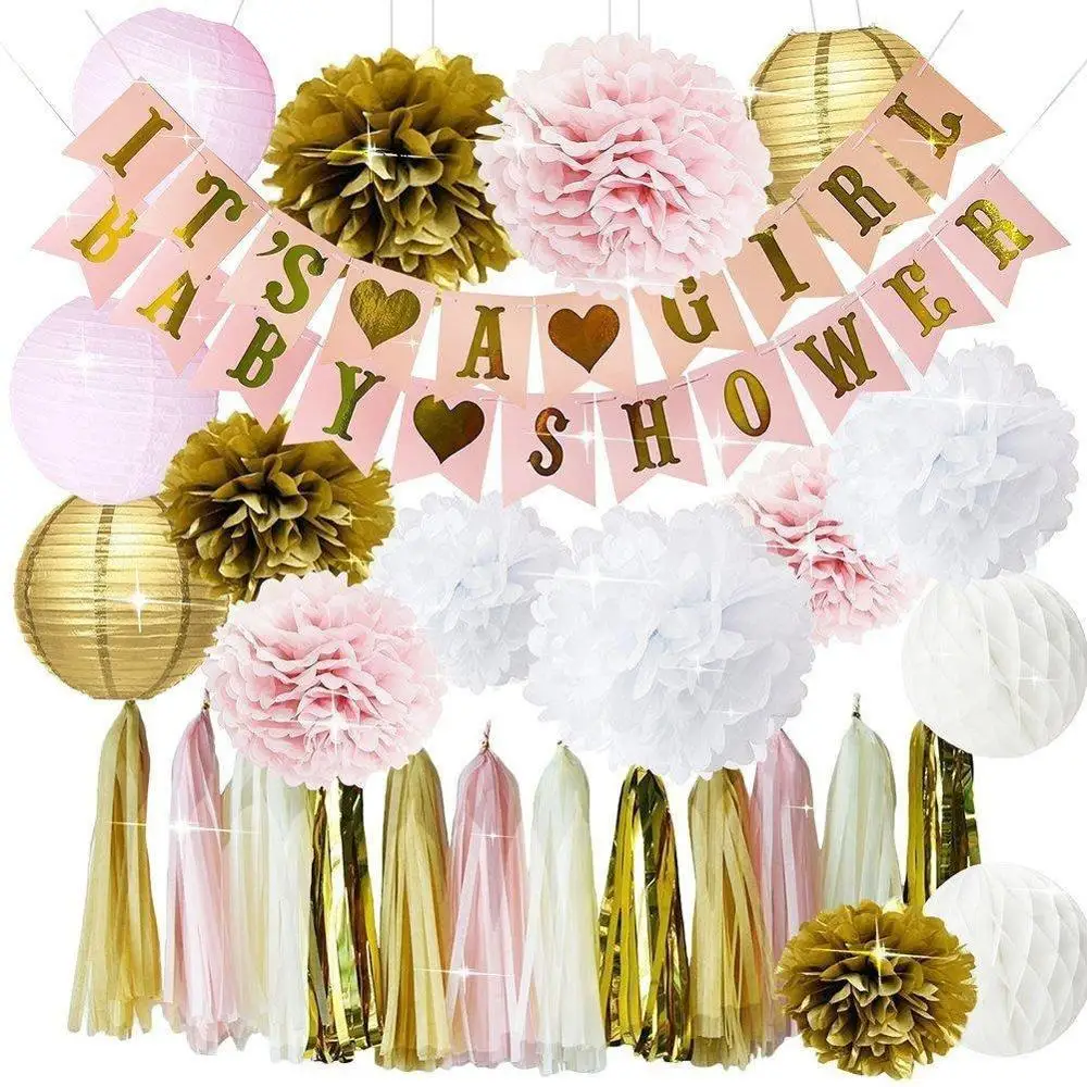

Its A girl Baby shower party decoration pink gold white color match for Banner Pom Pom flower Honeycomb paper Lantern Tassel