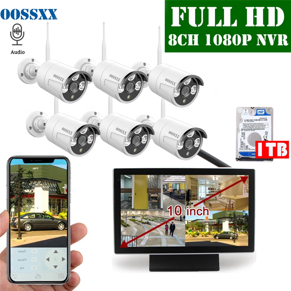 OOSSXX 8CH 1080P Wireless NVR Kit 10' Monitor Wireless CCTV 6pcs 1080P Indoor Outdoor Audio IP Camera Video Surveillance System