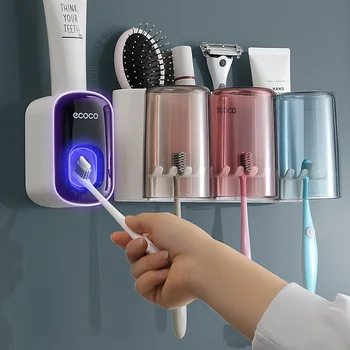 

Squeezer Dispenser Bathroom Toothbrush Holder Tool Wall Mount Automatic Toothpaste Dispenser Bathroom Holder Set Toothpaste