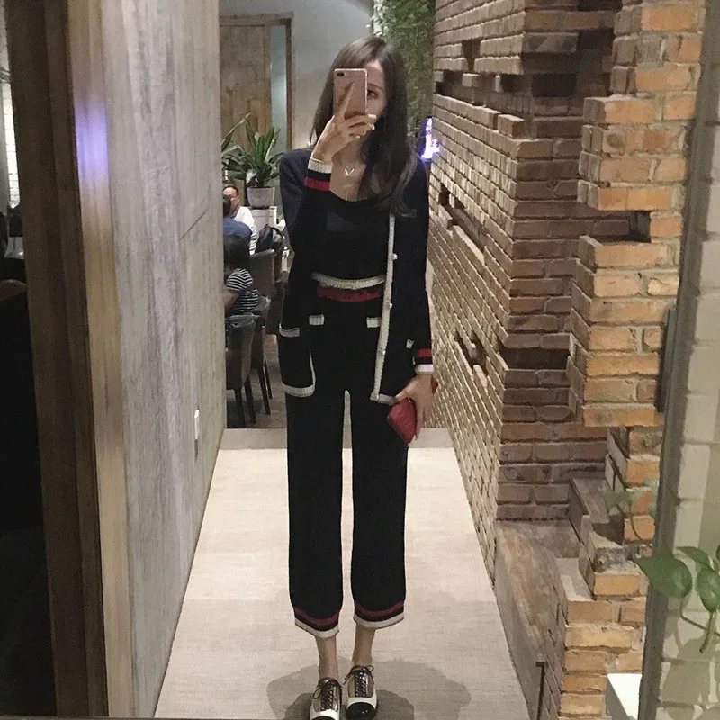 

3PC Women Fashion Knitted Pants Sets Casual Tracksuits 2019 Autumn Female Suits 3 Pieces Tank Top+sweater+wide Leg Pants Sets