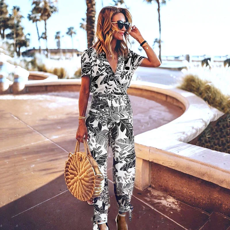 

Leaf Printed Short Sleeve Jumpsuit Women Casual Turn-Down Collar Overalls Ladies Long Pants Woman Fashion Streetwear for Summer