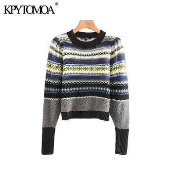 

Vintage Elegant Geometric Pattern Knitted Sweater Women 2020 Fashion Short Style Long Sleeve Stretchy Female Pullovers Chic Tops