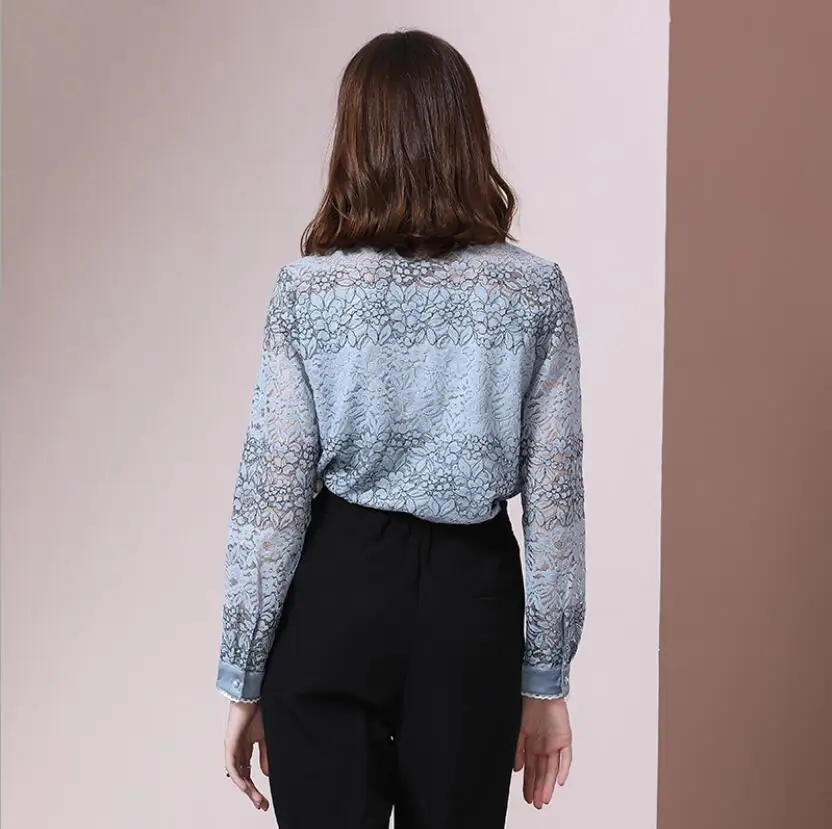 Blusas Mujer De Moda осень Для женщин рубашка в Корейском стиле Модные Костюмы, женские туфли с бантом верхняя одежда голубого цвета кружевная блузка, женские рубашки Feminina
