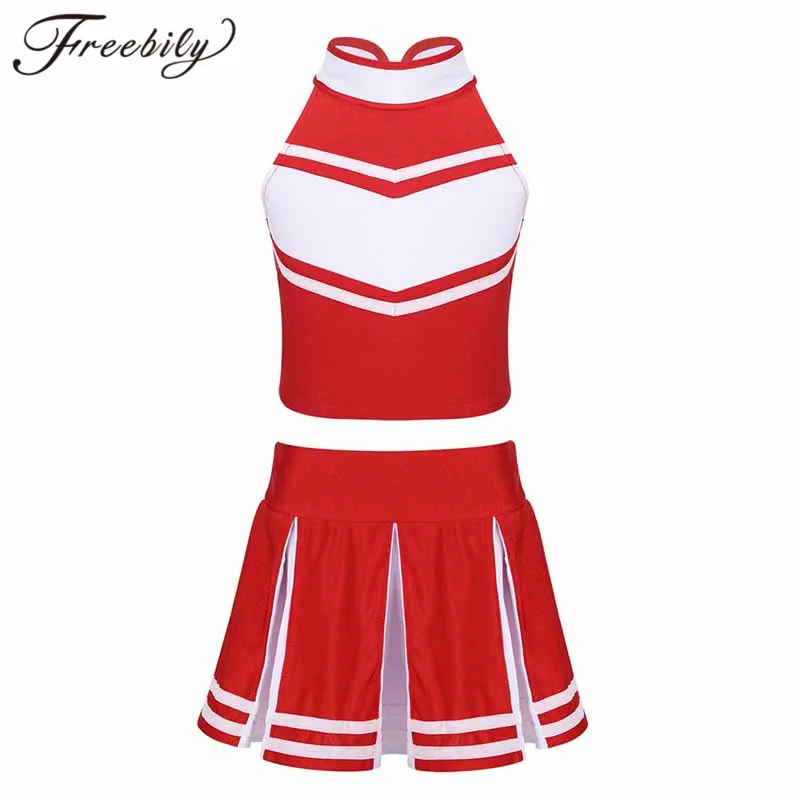 2PCS Kids Girls Sports Cheerleading Uniforms Kid Cosplay Cheerleader Costume Outfit Sleeveless Zippered Tops + Pleated Skirt Set