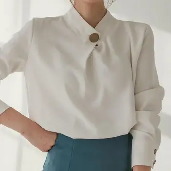 

Office Ladies Solid Long Sleeve Casual Shirts Women Elegant Slim Loose Blouses Ol Style Button Turtleneck Shirts