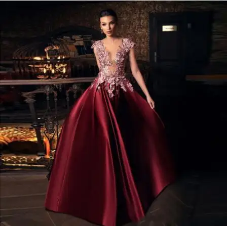 

Gorgeous Prom Dresses With Deep V Neck Appliques beaded Back Button Cocktail Party Dress Sweep Train Women Formal Vestidos