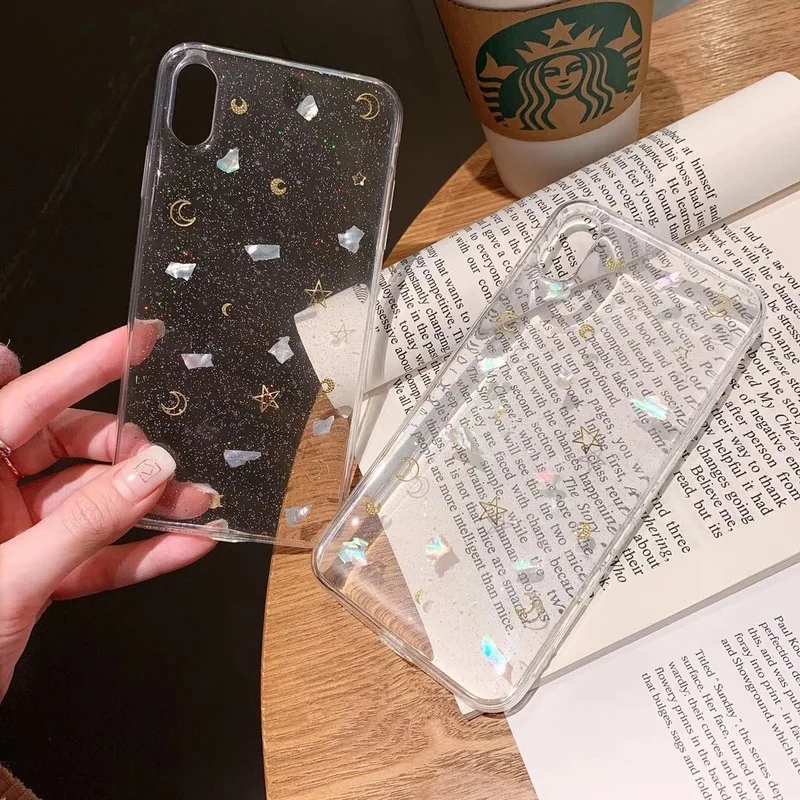 Sequins Transparent Cases ForiPhone11promax Soft TPU Bling Glitter Moon Star Shell Diamond Cover ForiPhone7 8plus 6 6splus Caqa | Мобильные