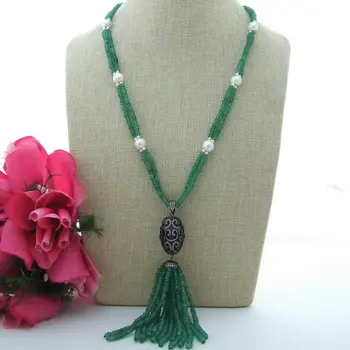 

25" Round Pearl Green Jade CZ Pendant Necklace