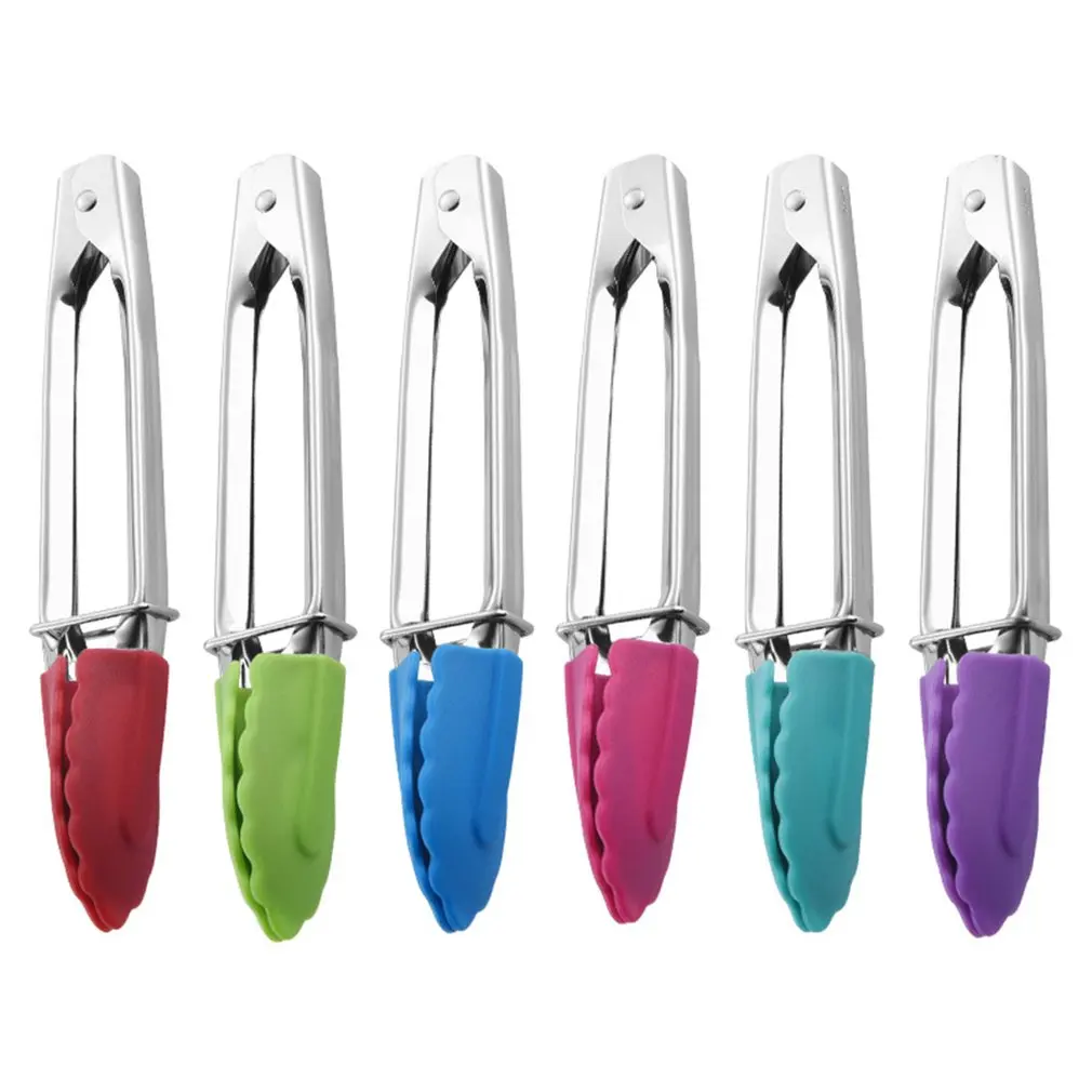 Portable Size Home Kitchen Stainless Steel Handle BBQ Food Tongs Stainless Steel Handle Silicone Clip Utensil Tools