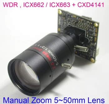 

WDR Effio-V , Manual Zoom 5-50mm Lens 1/3" Sony Super HAD CCD ICX662 + CXD4141 CCTV camera module +OSD cable (NTSC only)