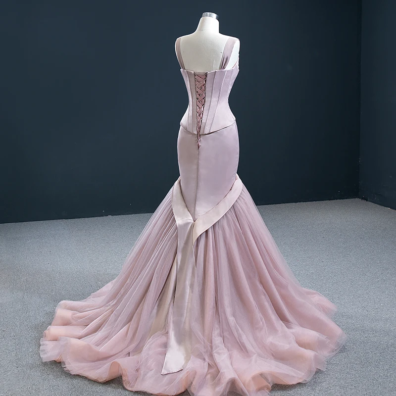 RSM67152 Pink Tight Elegant Evening Party Evening Dress 2021 Customizable Sling Cross Lace Frill Fishtail Prom Dress 3