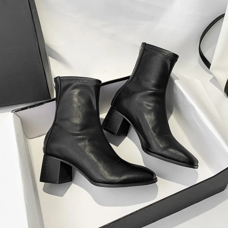 Women's Boots 2020 New Martin Boots Square Toe Thick Heel Nude Boots British Style Chelsea Short Boots Q14-30