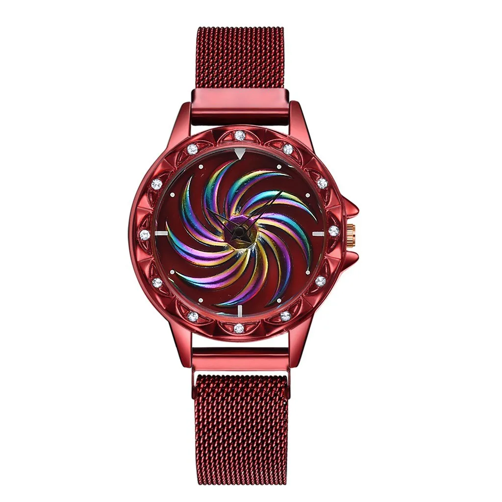Новая мода вращающийся крутой цветной узор циферблат часы вращающийся цветок поверхность сетчатый ремешок часы ювелирные изделия с бриллиантами для женщин часы 1 - Цвет: E