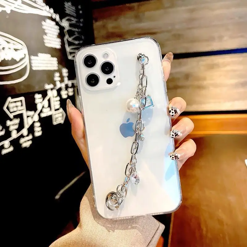 Elegant Bling Crystal Wrist Chain Phone Case with 6D Plating Pearls