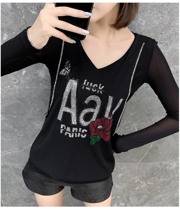 Black tshirt Лоскутная кружевная женская футболка с открытой спиной, новинка, Осень-зима, топы, европейская одежда, свободная, Camiseta Mujer, джемпер, футболки T9N108 - Цвет: Black tshirt
