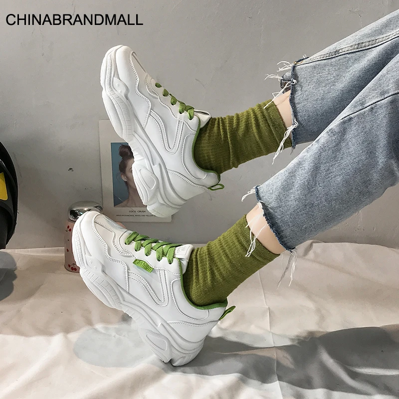 

2020 Spring Women Chunky Sneakers Brand Fashion Leather Lace Up Old Dad Shoes Woman Female Sports Comfortable Vulcanized Shoes
