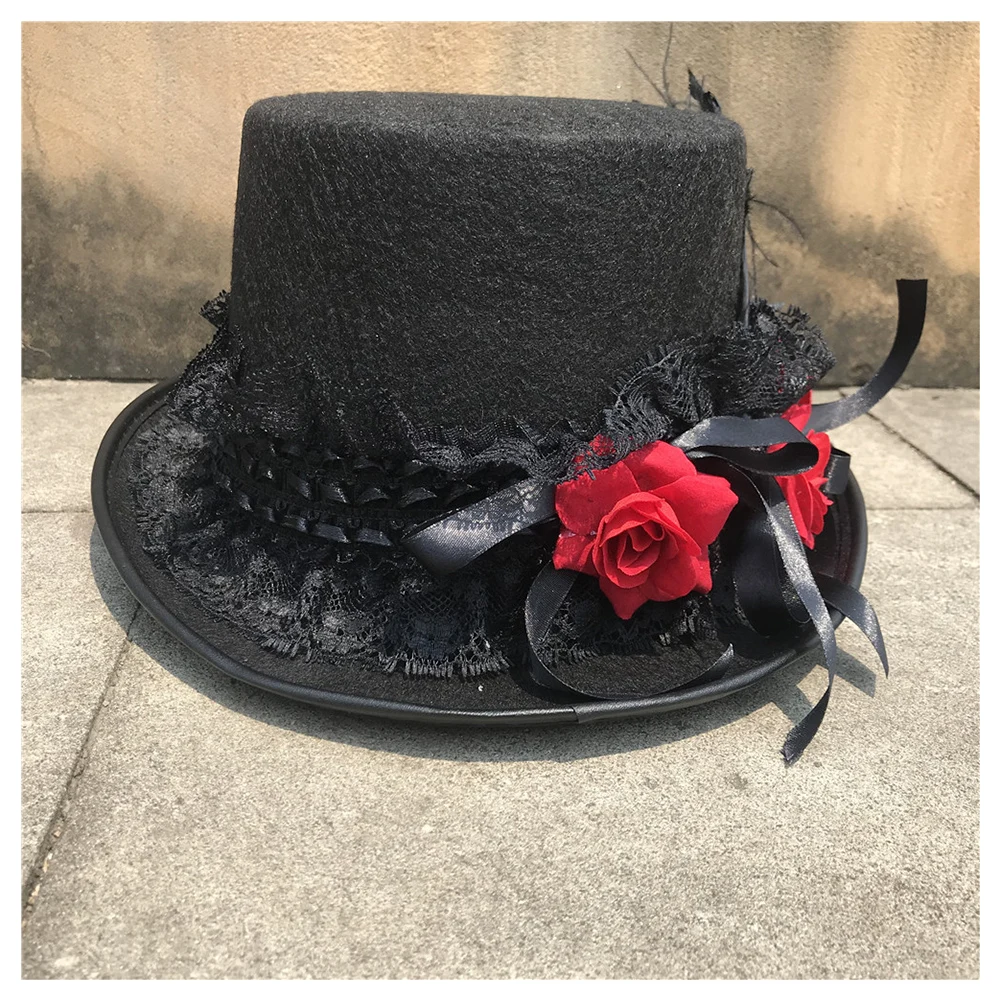 Women New Retro Handmade Steampunk Top Hat With Flowers and Lace Ribbon Stage Magic Hat Size 57CM