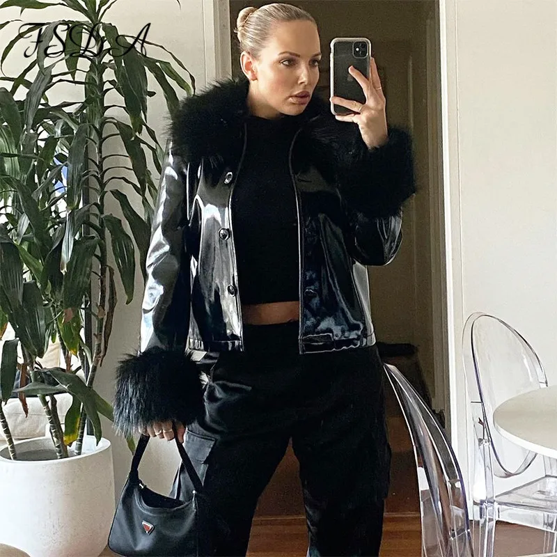 FSDA 2021 Autumn Winter PU Leather Cropped Jackets Women Black With Fur Faux Long Sleeve Fashion Y2K Brown Coat Turn Down Casual | Женская