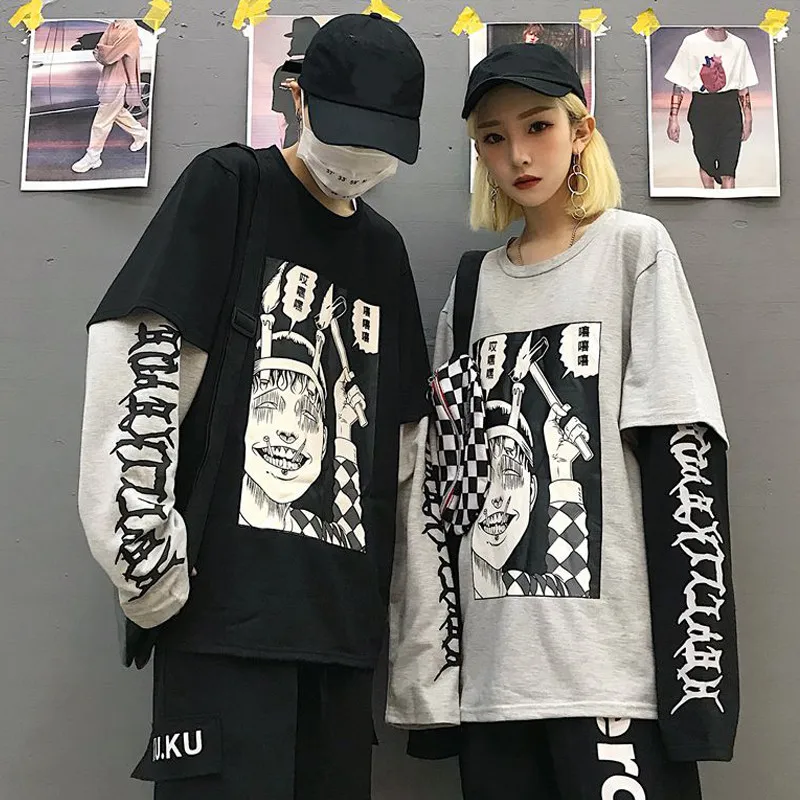 Neploe Harajuku Японская свободная футболка с мультяшным принтом, мужская и женская готическая одежда с длинным рукавом, повседневные Лоскутные Топы, уличная одежда 36951