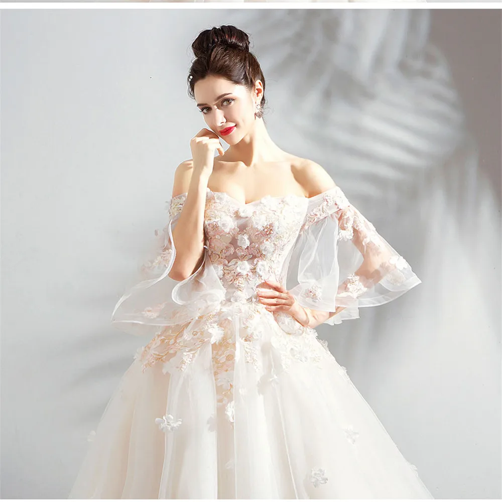 Perlen Kleid большой шлейф Фея Выпускные платья с вышивкой цветок колокольчик рукав