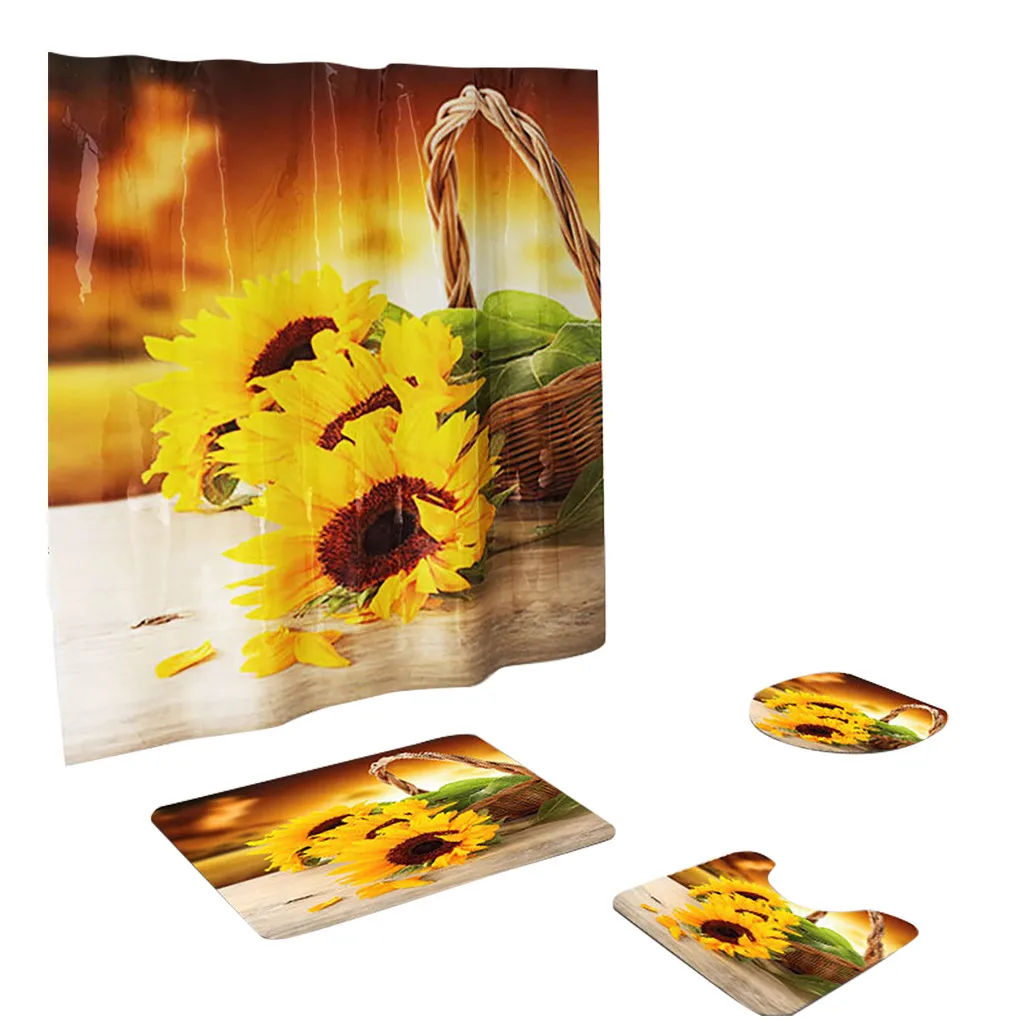 

4PCS Non Slip Beautiful Sunflower Pattern Toilet Polyester Cover Mat Set Bathroom Accessories Shower Curtain Bath Rug Sets