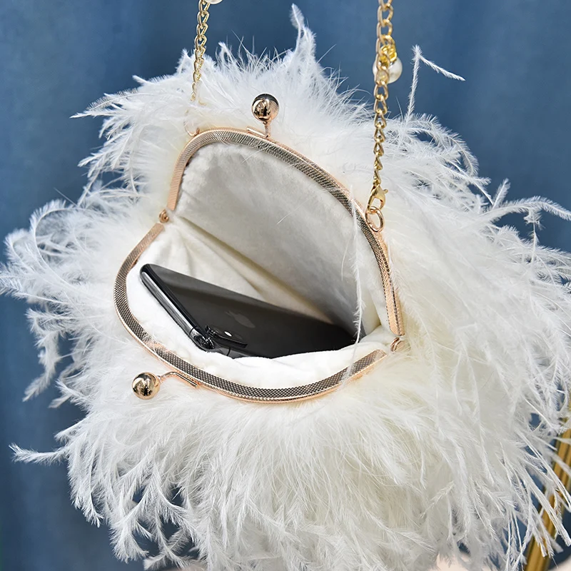 Women Real Ostrich Fur Evening Bag for Party Wedding Luxury New Shoulder Bag Feather Tassel Handbang