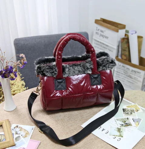 Down bag winter new women's bag space cotton bag rabbit fur fur bag shoulder Messenger bag luxury women designer handbags - Цвет: 5