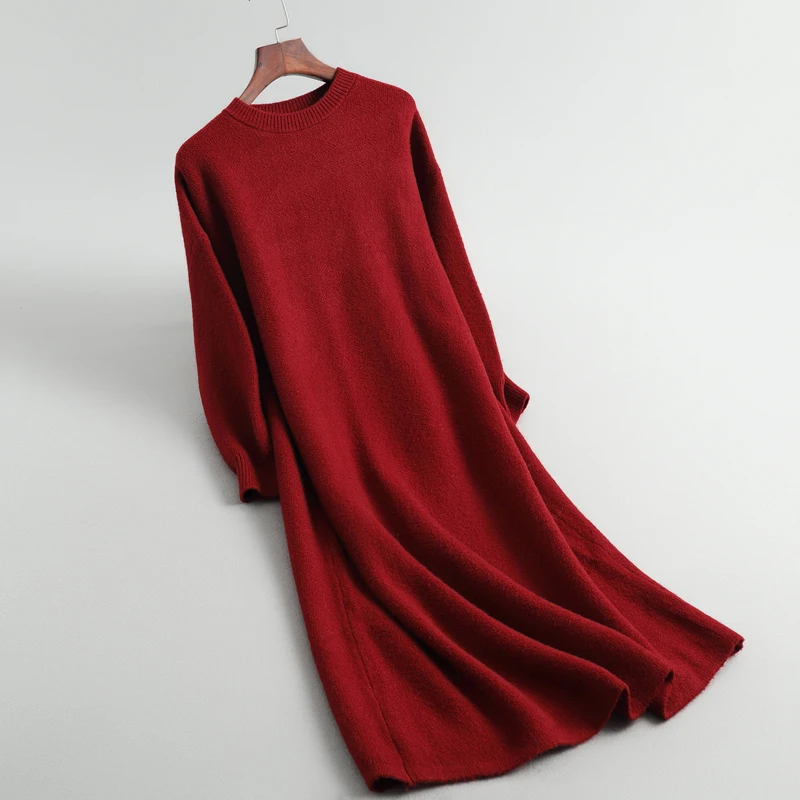 Женское осенне-зимнее длинное платье-свитер Новые однотонные плотные длинные платья с круглым вырезом с длинным рукавом шерстяное вязаное платье для женщин - Цвет: Red wine