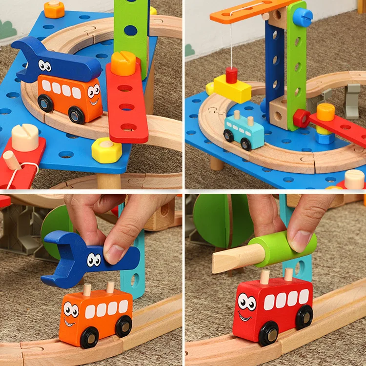 

Children'S Educational Nut Architecture Train Camera Track Disassembly Building Blocks Wood Small Train Electric Tracksuit Toy