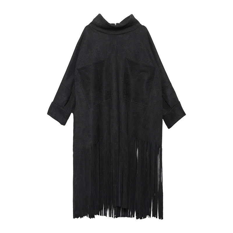 [EAM] Loose Fit Tassels Split Big Size Jacket New Turtleneck Long Sleeve Women Coat Fashion Tide Autumn Winter 1M630 - Цвет: black