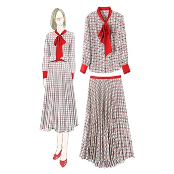 

Neon fashion women's 912206 spring and summer new ribbon collar lace up printed shirt pleated skirt fashion suit