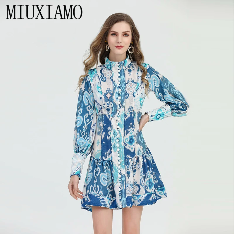 MIUXIMAO, высокое качество,, подиум, дизайнерское, весеннее платье, синий и белый фарфор, с принтом, элегантное, Повседневное платье для женщин, vestidos