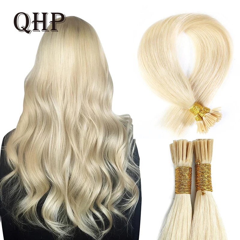 QHP I Tip Human Hair Extensions 50pcs/ Set Straight Remy Machine Made Keratin Hair 1g/stands Natural Human Fusion Balck