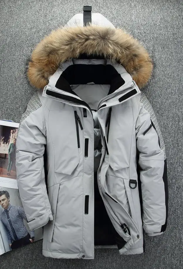 40 градусов морозостойкий Россия зимняя куртка мужская наивысшего качества натуральный меховой воротник толстый теплый белый утиный пух Мужская зимняя куртка