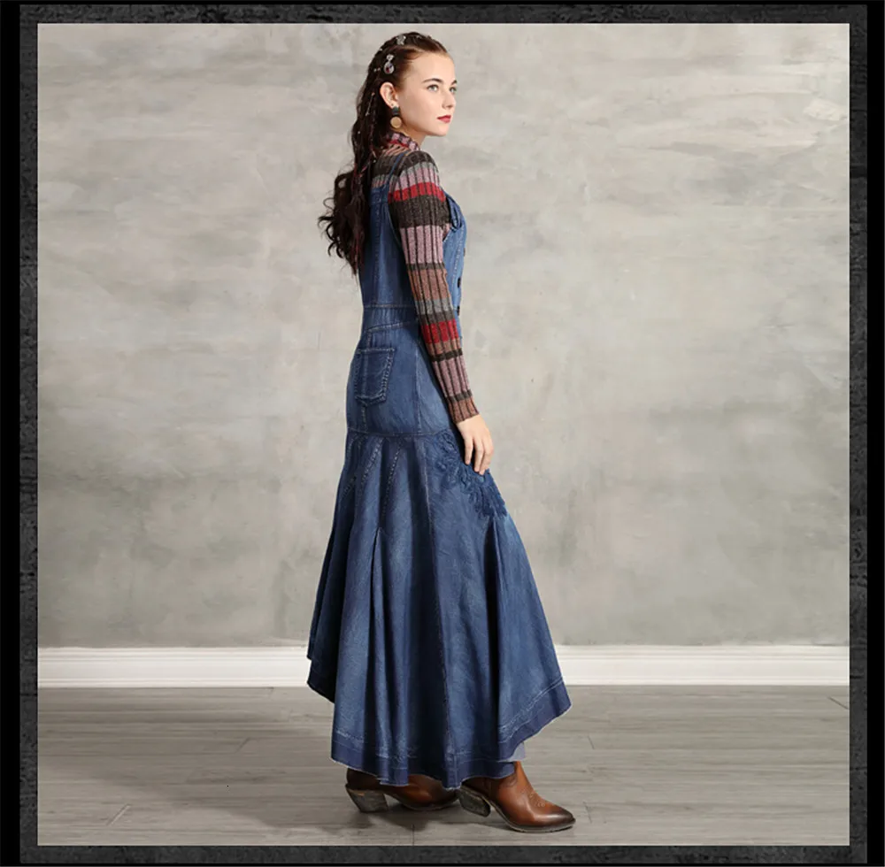 Vintage Denim Women's Dress 2019 Embroidery Braces Dresses Asymmetrical Long Women Strap Dress Vestidos A82193 Draped Dress (16)