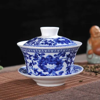 

Jingdezhen Ceramics Blue and White Tea Bowl Sancai Large Gaiwan Tea Set Eight Treasure Tea Bowl Household Cover Bowl