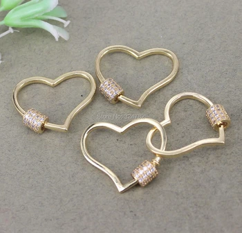 

5pcs Gold Copper Open Heart shape Screw Clasps Paved Micro CZ For Making Jewelry