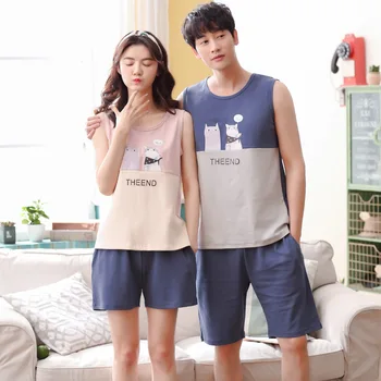 

Women's Summer Pure Cotton Vest Cartoon Pajamas Men's Comfortable Casual Couples Homewear Set Pajamas Couple Women Pijama