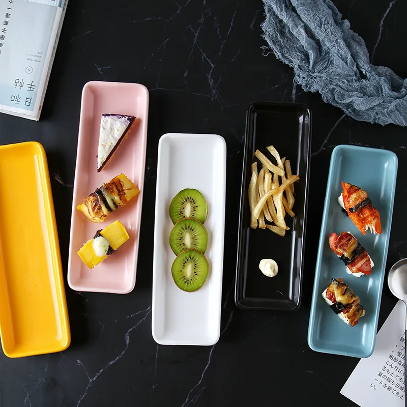 

23cm Rectangle Nordic Solid Ceramic Plate Long Porcelain Sushi Plate Anti-skid Fruit Salad Tray Nurs Snack Dishes Plate