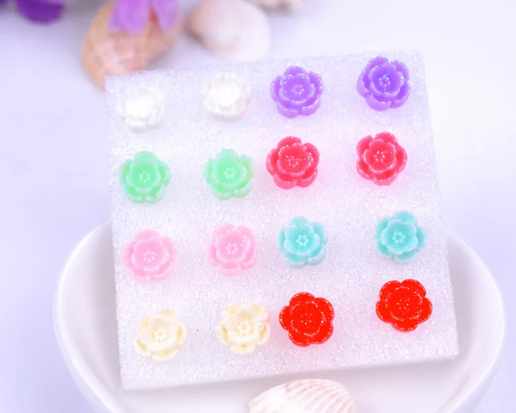 8Seasons New Fashion Colorful Rose Chrysanthemum Flower Plastic Stud Earrings Set For Women Party Club Earrings Jewelry,1Set