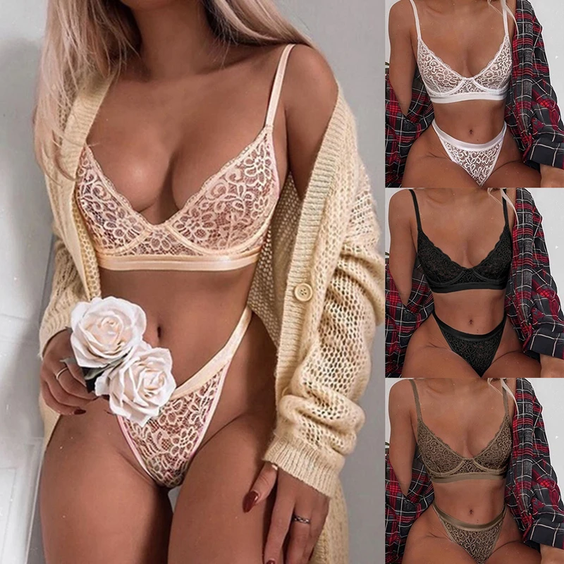 

Women Sexy See Through Bra Set Ladies Three Quarters Push Up Lingerie Bandage Solid Three-point Underwear Bra And Thong Set 2020