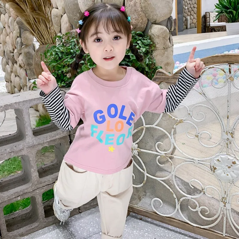 Children Tops 1-7T Spring Cute Stitching Stripes Print Wear Round Collar Long Sleeved Cotton Casual T-Shirt