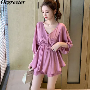 

Summer 2020 New Soft Two piece set Women Solid V-neck Loose Long Blouse Shirts +Elastic High Waist Wide leg Shorts Suits