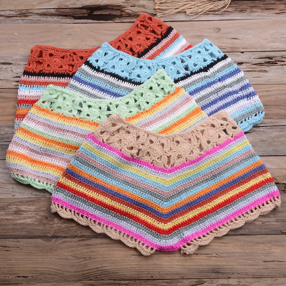 Mixed Colorful Stripe Knitted Crochet Shorts Women Fashion Summer Elastic Low Waist Shorts Beach Tight Bottom
