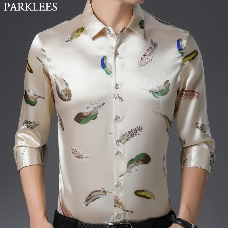 

Feather Print Silk Like Satin Shirt Men 2020 Brand Slim Fit Long Sleeve Mens Dress Shirts Casual Club Party Social Shirt Male