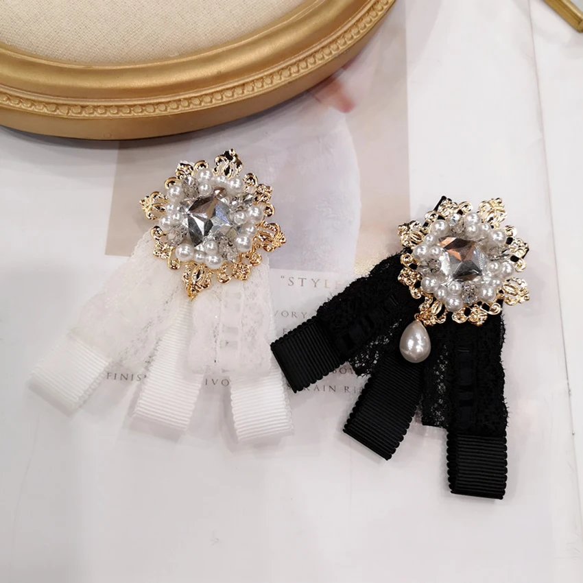Korean style women bow tie Lace Butterfly brooch Girl Studded collar bowtie classic white/black Neck tie new Shirt Accessories