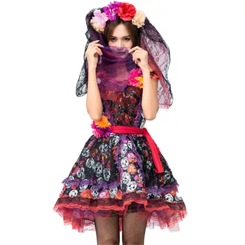 

Skeleton day of The Dead Costume Women's Sexy Sugar Skull Flower Fairy Halloween ghost vampire bride Fancy Dress