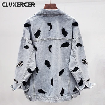 

Fashion Streetwear Feather Embroidery Denim Jacket Women Casual Long Sleeve Loose Jean Coat Femme Cowboy