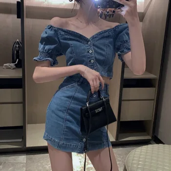 

2020 Summer Denim Two Piece Set Women Sexy Slash Neck Puff Sleeve Crop Top + Mini Bodycon Skirt And Top Set Two Piece Outfits