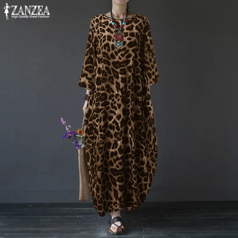 

Stylish Leopard Summer Dress 2023 Women's Printed Sundress ZANZEA Casual 3/4 Sleeve Maxi Vestidos Female O Neck Robe